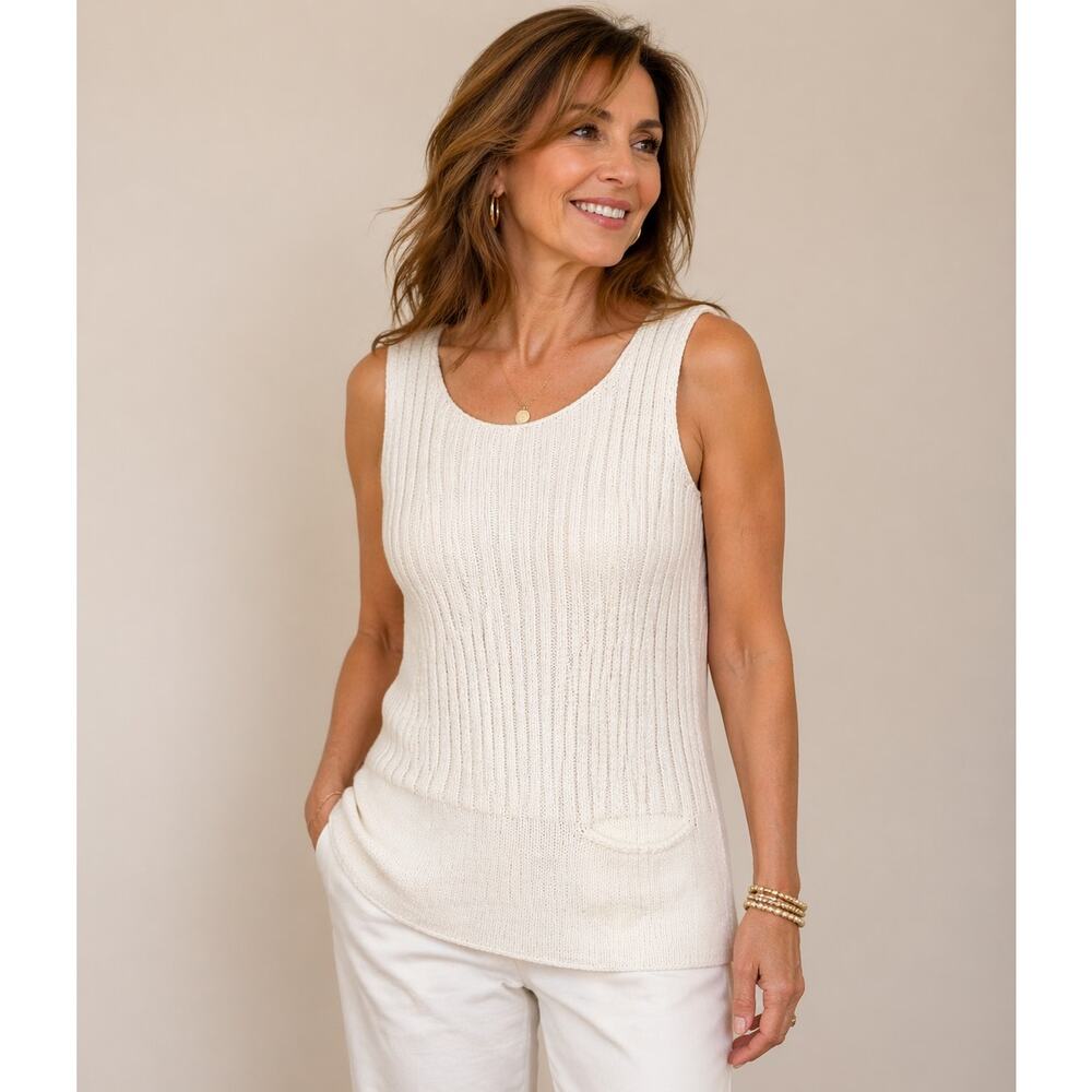 J Jill XS Vintage Ribbed Knit Sleeveless Sweater Ivory Pocket Tunic squareneck